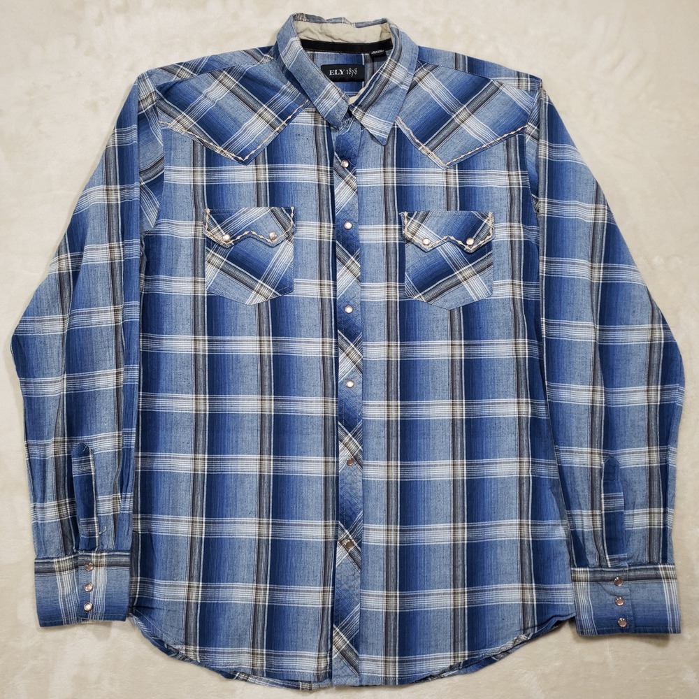 ELY 1878 Western Shirt Mens XL Blue Plaid Pearl Snap Cotton Cowboy Workwear